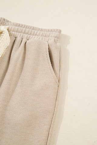 Parchment Drawstring Pullover Hoodie and High Waist Pants Corduroy Suit