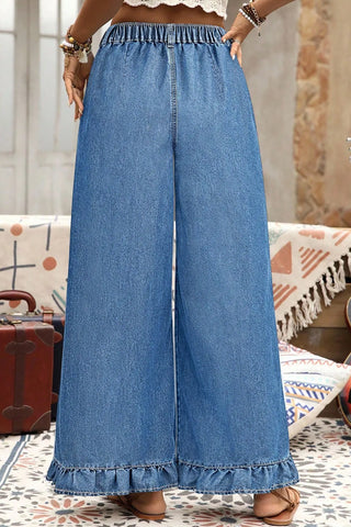 Sail Blue Plus Size Elastic Waist Ruffled Wide Leg Denim Pants