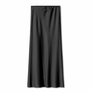 Sheer Trend - Solid Color High Waist Drawstring Belted Satin Maxi Skirt