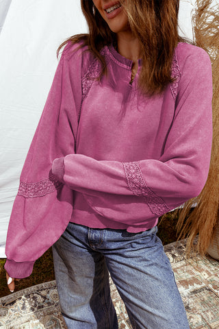 Jungle Green Lace Applique Notched Neck Mineral Wash Baggy Sweatshirt