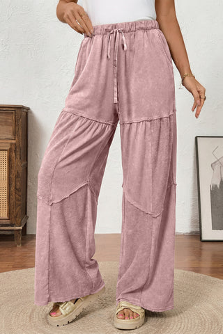 Straw Yellow Mineral Wash Tiered Wide Leg Patchwork Drawstring Pants