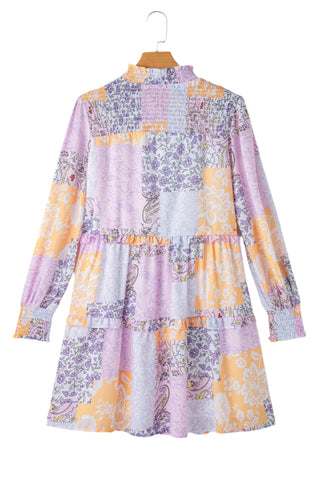 Multicolour Floral Smocked Mock Neck Ruffled Tiered Bubble Sleeve Dress
