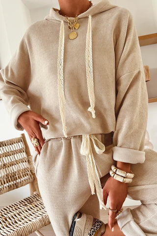 Parchment Drawstring Pullover Hoodie and High Waist Pants Corduroy Suit