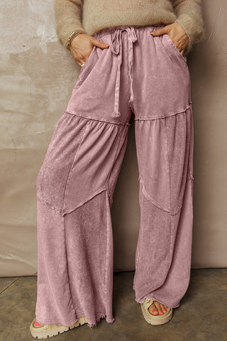 Straw Yellow Mineral Wash Tiered Wide Leg Patchwork Drawstring Pants