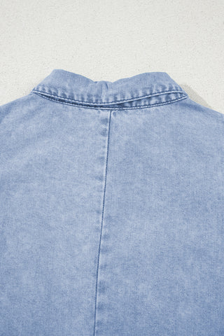 Beau Blue Double Ruffled Sleeves Buttoned A-line Collared Mini Denim Dress