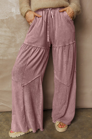 Straw Yellow Mineral Wash Tiered Wide Leg Patchwork Drawstring Pants