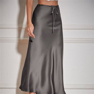 Sheer Trend - Solid Color High Waist Drawstring Belted Satin Maxi Skirt