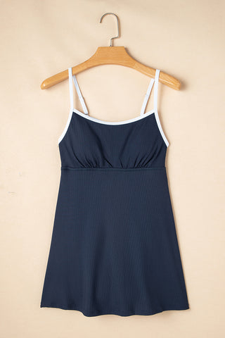 Blackish Green Color Block Edge Ribbed Pocketed Lined Swim Dress