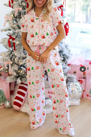 Pink Christmas Spirit Cute Holiday Print Short Sleeve Shirt and Pants 2pcs Pajama Set