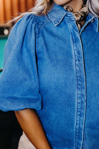 Blue Puff Half Sleeve Collared Denim Shirt