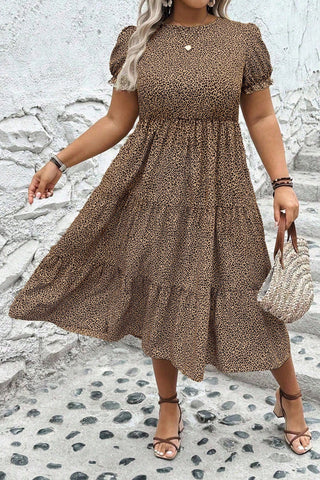 Brown Plus Size Leopard Print Frill Trim Short Sleeve Flared Dress