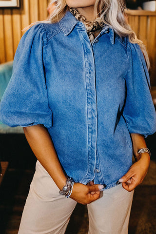 Blue Puff Half Sleeve Collared Denim Shirt