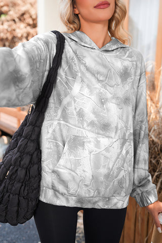 Beige Camouflage Plant Print Kangaroo Pocket Oversized Hoodie