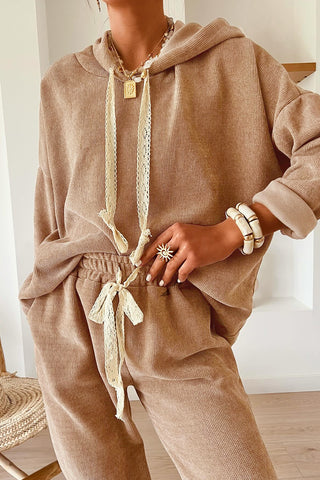 Parchment Drawstring Pullover Hoodie and High Waist Pants Corduroy Suit