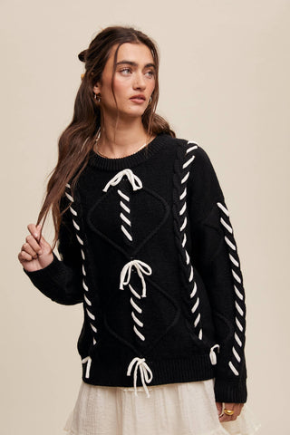 Sheer Trend - Ribbon Laced Cable Knit Sweater