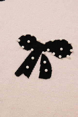 Blackish Green Pearl Embellished Bow Pattern Loose Sweater