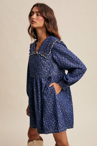 Listicle - Quilted Yoke Denim Mini Dress- SHIPS DEC 15TH